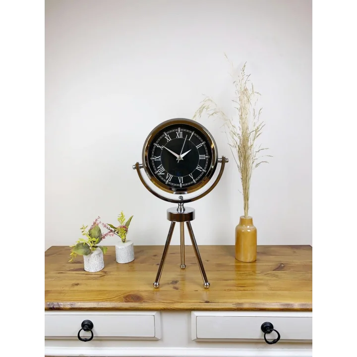 Mey İthalat® Krom Metal Mini Tripod Siyah Retro Masa Saati 45×26 cm