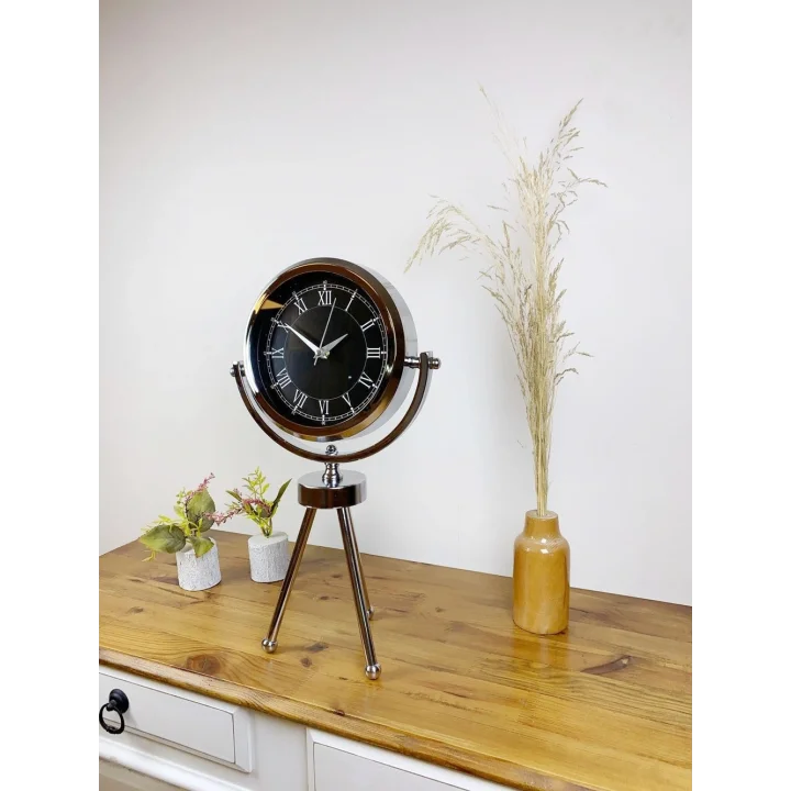 Mey İthalat® Krom Metal Mini Tripod Siyah Retro Masa Saati 45×26 cm