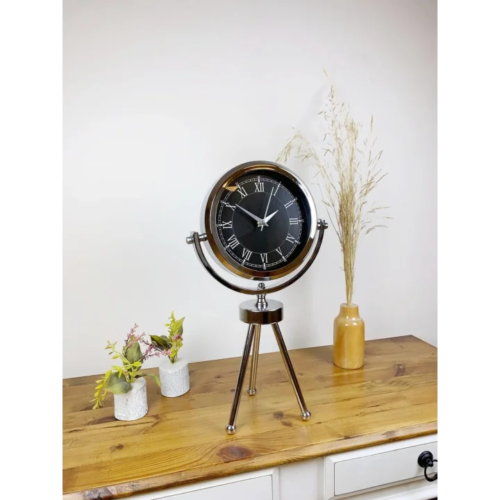Mey İthalat® Krom Metal Mini Tripod Siyah Retro Masa Saati 45×26 cm