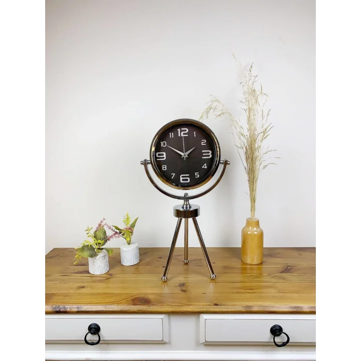 Mey İthalat® Krom Metal Mini Tripod Tasarım Masa Saati 45×26 cm