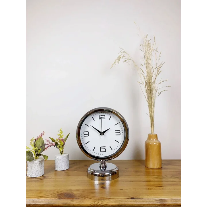 Mey İthalat® Krom Metal Modern Masa Saati 25×20 cm