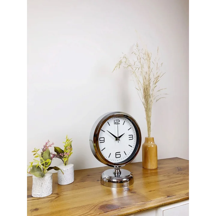 Mey İthalat® Krom Metal Modern Masa Saati 25×20 cm