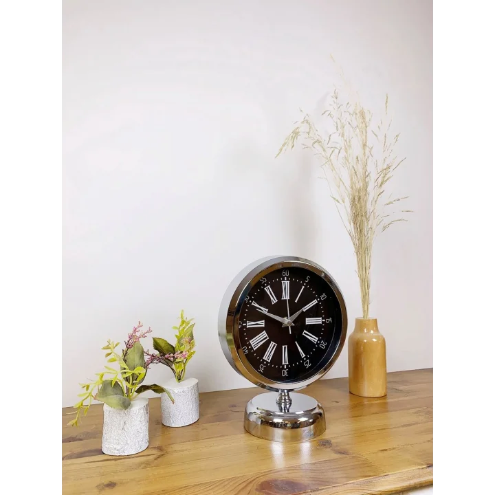 Mey İthalat® Krom Metal Roma Rakamlı Masa Saati 25×20 cm