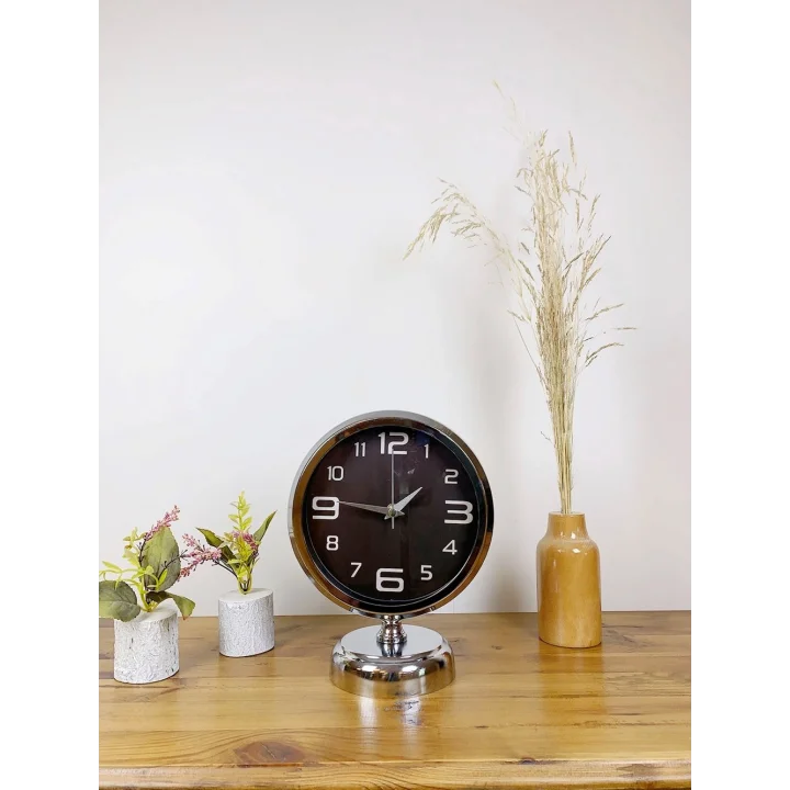 Mey İthalat® Krom Metal Tasarım Masa Saati 25×20 cm