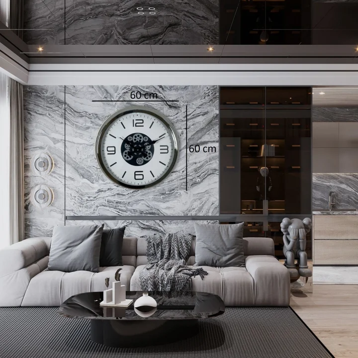 Mey İthalat® Krom Modern 60 Cm Çarklı Duvar Saati