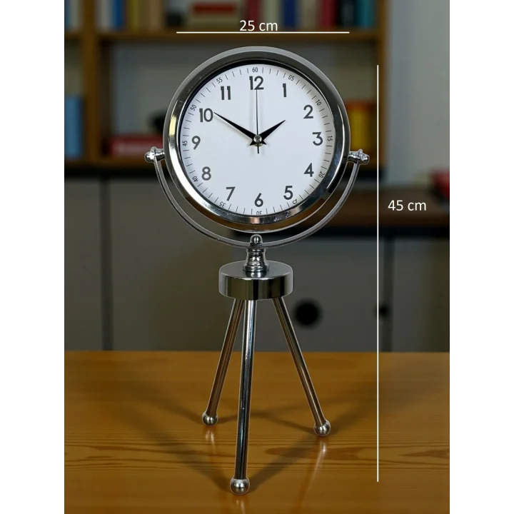 Mey İthalat® Krom Modern Classic Üç Ayaklı Metal Masa Saati