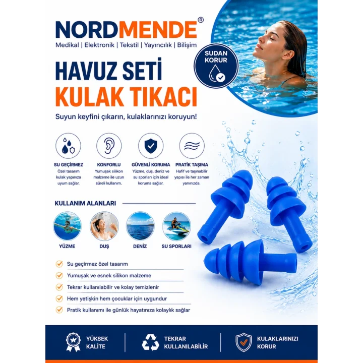 Mey İthalat®  Havuz Seti Silikon Kulak Tıkacı Su Sporları Yüzme Deniz Duş İçin Su Geçirme Engel Tıkaç