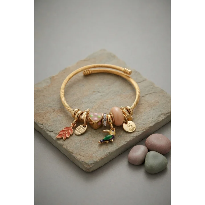 Mey İthalat® Kuş Figürlü Charmlı Gold Renk Bileklik