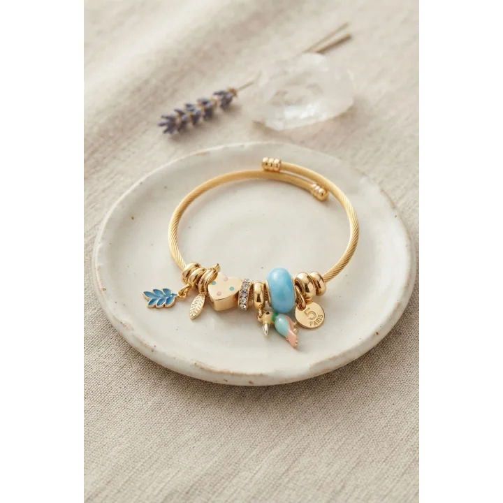Mey İthalat® Kuş Figürlü Mavi Charmlı Gold Renk Bileklik