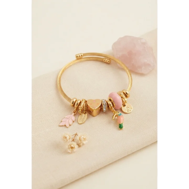 Mey İthalat® Kuş Figürlü Pembe Charmlı Gold Renk Bileklik