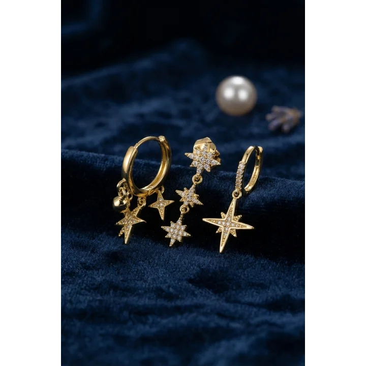 Mey İthalat® Kutup Yıldızı Model Gold Renk 3 lü Küpe Set