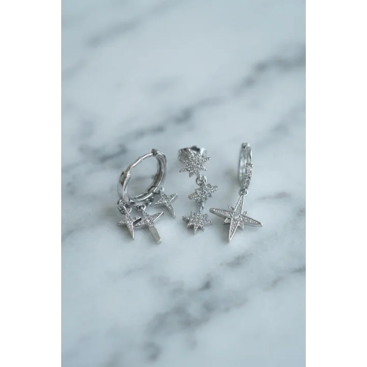 Mey İthalat® Kutup Yıldızı Model Gümüş Renk 3 lü Küpe Set