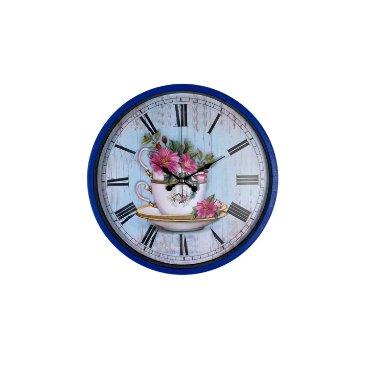 Mey İthalat® Lacivert Çiçek Desenli 36 Cm Duvar Saati