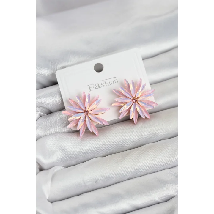 Mey İthalat® Lotus Model Pembe Renk Kristal Taşlı Kadın Küpe