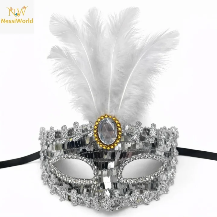 Mey İthalat® Lüks Gümüş Tüylü Taşlı Balo Maskesi