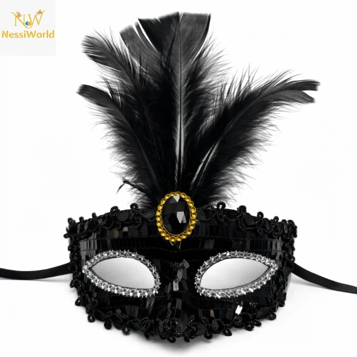 Mey İthalat® Lüks Siyah Tüylü Taşlı Balo Maskesi
