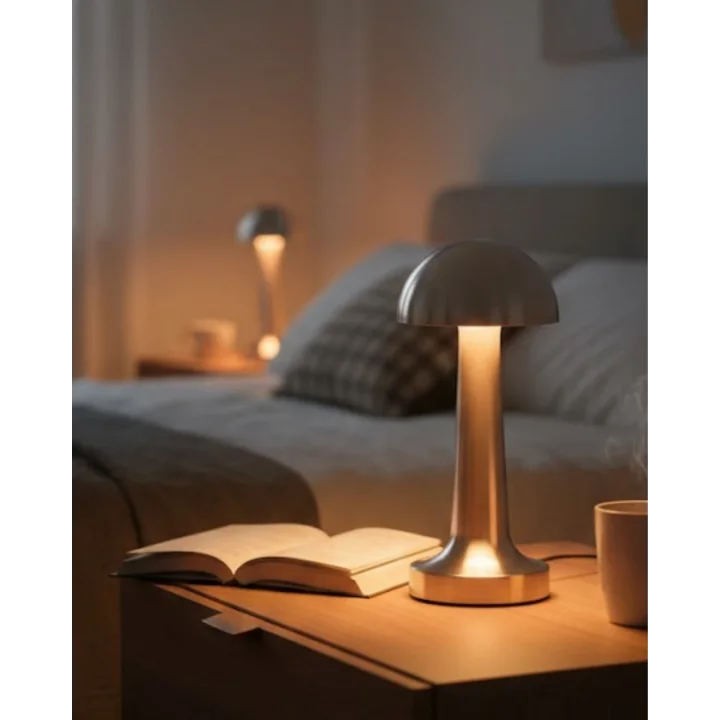 Mey İthalat® Mantar Masa Lambası Dokunmatik 3 Renk Işık Şarjlı Kablosuz Modern Krom Tasarım