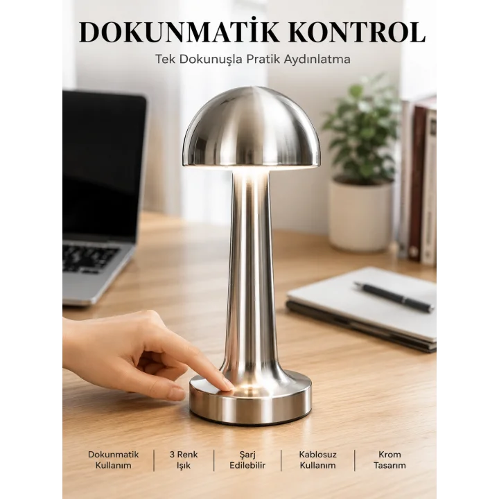Mey İthalat® Mantar Masa Lambası Dokunmatik 3 Renk Işık Şarjlı Kablosuz Modern Krom Tasarım Yeni Nesil