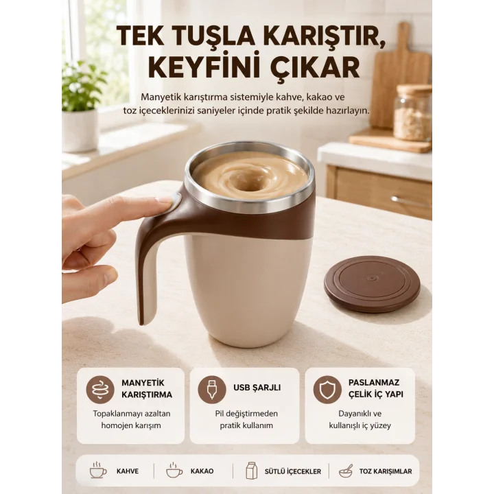 Mey İthalat® Manyetik Karıştırıcı Kupa USB Şarjlı Otomatik Karıştırma Çift Katmanlı