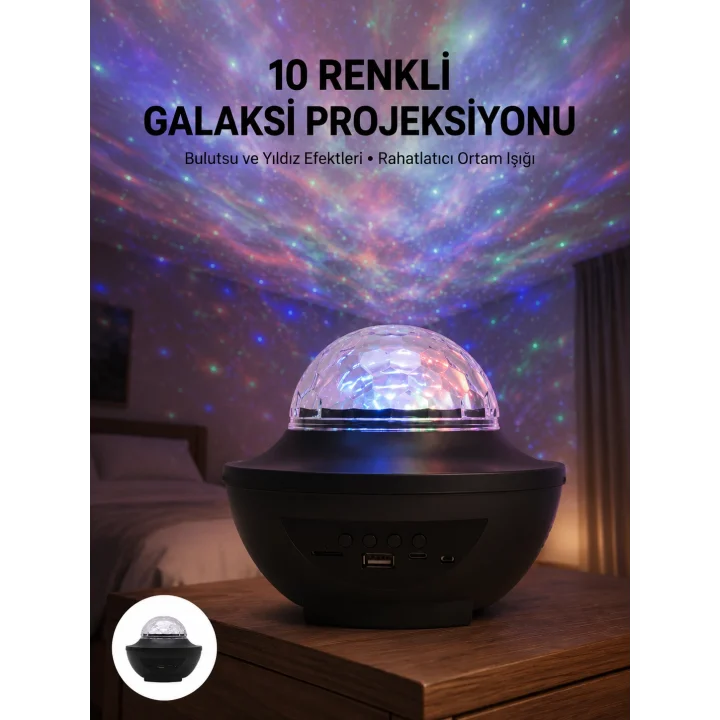 Mey İthalat® Masa ve Gece Lambası Renkli Projektör Işıklı Disko Topu Bluetooth Hoparlör