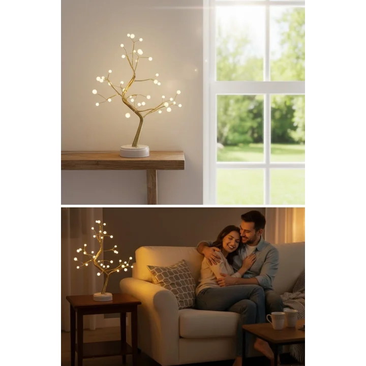 Mey İthalat® Masaüstü Boncuklu Şarjlı Ağaç a – 3 Kademeli Dokunmatik Işık, Dekoratif LED Masaüstü Ortam Aydınlatması