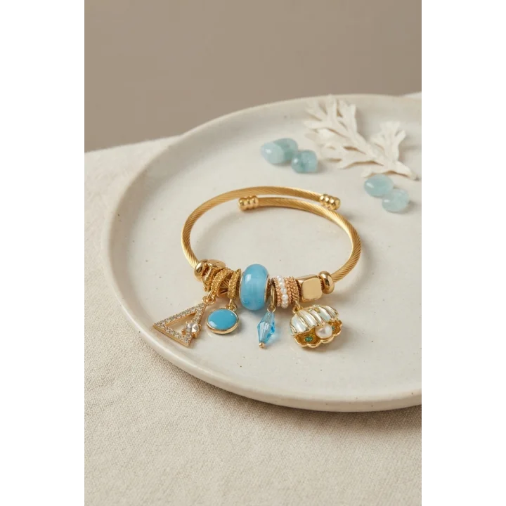 Mey İthalat® Mavi Deniz Kabuğu Model Gold Renk Charmlı Bileklik