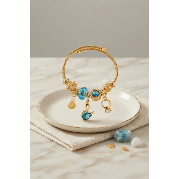 Mey İthalat® Mavi Kuğu Model Gold Renk Charmlı Bileklik