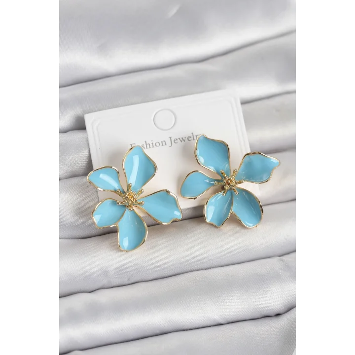 Mey İthalat® Mavi Mineli Çiçek Model Pirinç Kadın Küpe