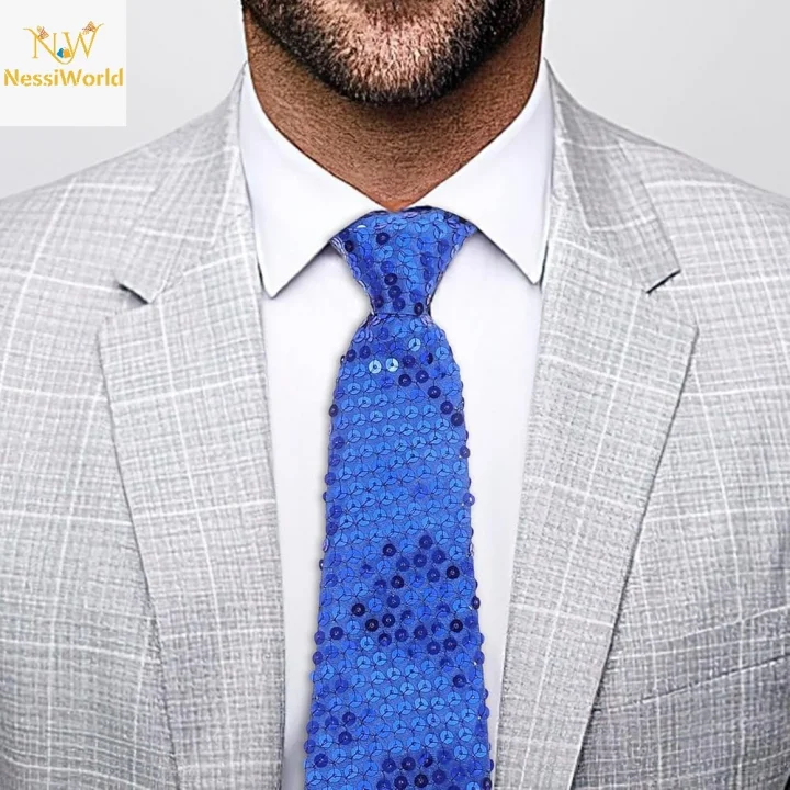 Mey İthalat® Mavi Pul Payetli Işıltılı Parti Kravatı 33 cm