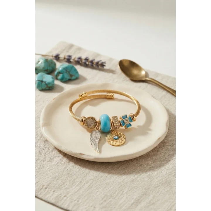 Mey İthalat® Mavi Renk Göz Model Gold Charmlı Bileklik
