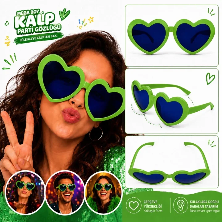 Mey İthalat® Mega Boy Yeşil Kalp Parti Gözlüğü