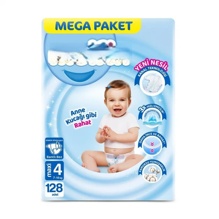 Mey İthalat® Mega Paket Bebek Bezi 4 Beden 7-14 Kg 128 Adet