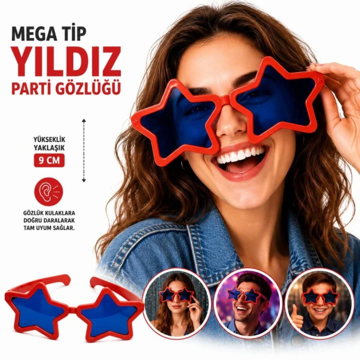 Mey İthalat® Mega Tip Yıldız Parti Gözlüğü Kırmızı Renk