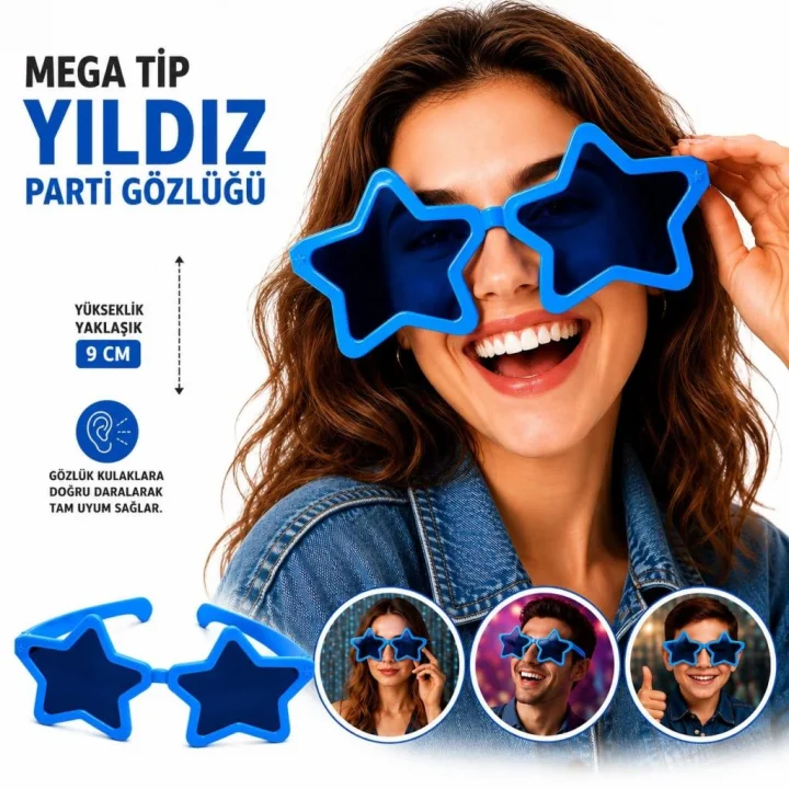Mey İthalat® Mega Tip Yıldız Parti Gözlüğü Mavi Renk