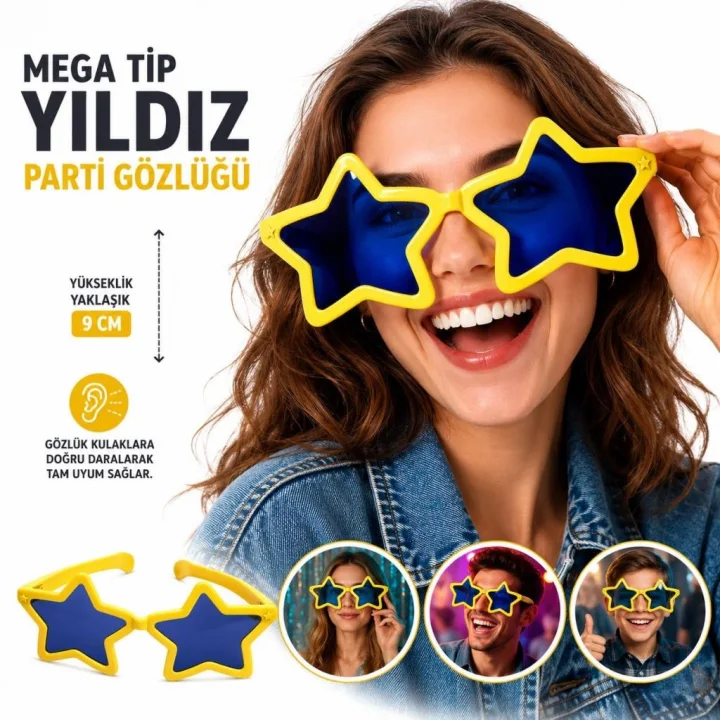 Mey İthalat® Mega Tip Yıldız Parti Gözlüğü Sarı Renk