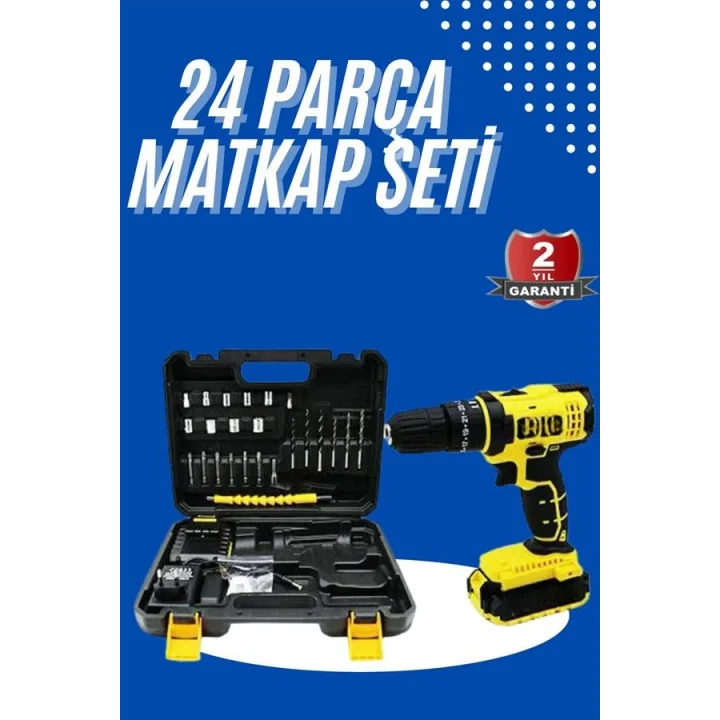 Mey İthalat® Metal Şanzıman Çift Akülü Bakır Sargı 24 Parça Led Aydınlatmalı Matkap Seti