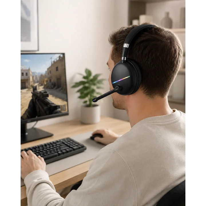 Mey İthalat® Mikrofonlu Bluetooth Kulak Üstü Kulaklık RGB Aydınlatmalı Type-C Şarjlı