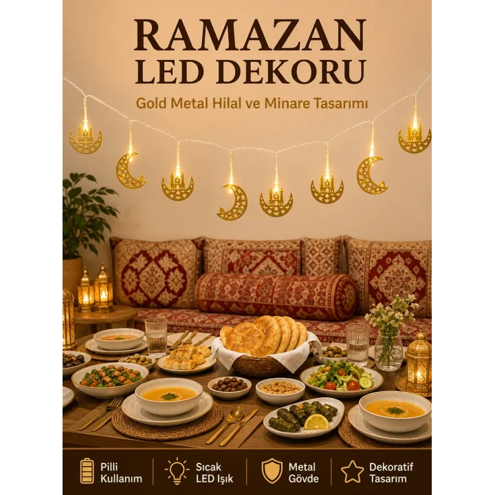 Mey İthalat® Minareli Hilal LED Işık Gold Metal Gövdeli Pilli Ramazan Dekoru