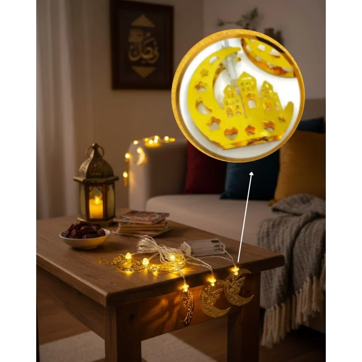 Mey İthalat® Minareli Hilal LED Işık Gold Metal Gövdeli Pilli Ramazan Dekoru