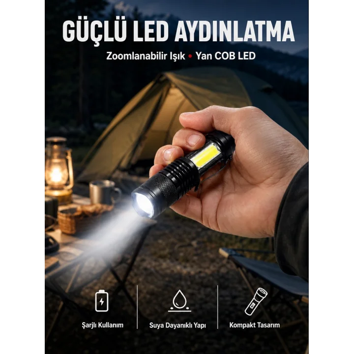 Mey İthalat® Mini Boy LED El Feneri - 2000 Lümen, Su Geçirmez Tasarım Yeni Nesil