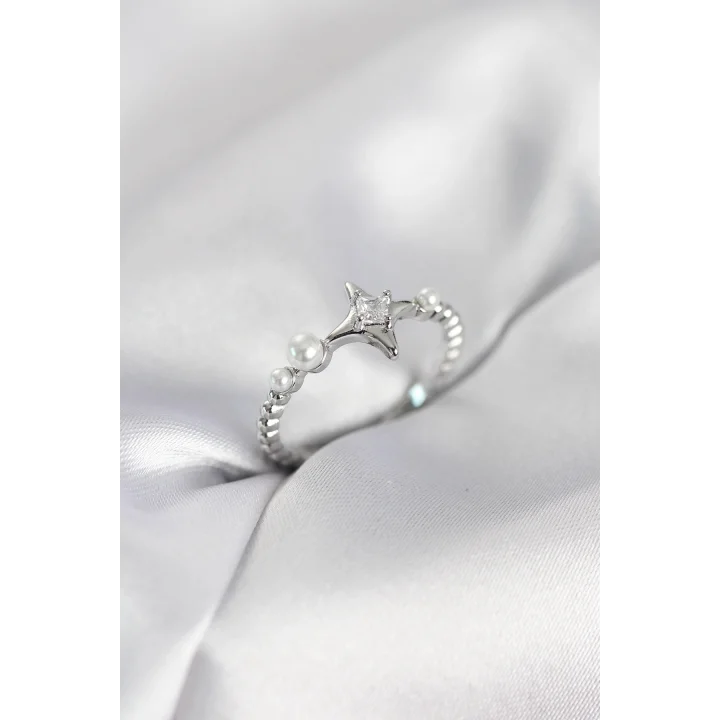 Mey İthalat® Minimal Kutup Yıldızı Model Zirkon Taşlı Gümüş Renk Kadın Yüzük