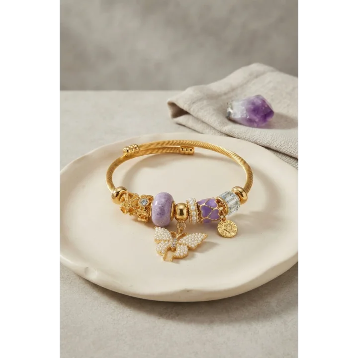 Mey İthalat® Mor Kelebek Model Gold Renk Charmlı Bileklik