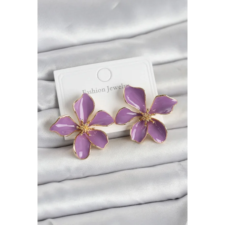 Mey İthalat® Mor Mineli Çiçek Model Pirinç Kadın Küpe