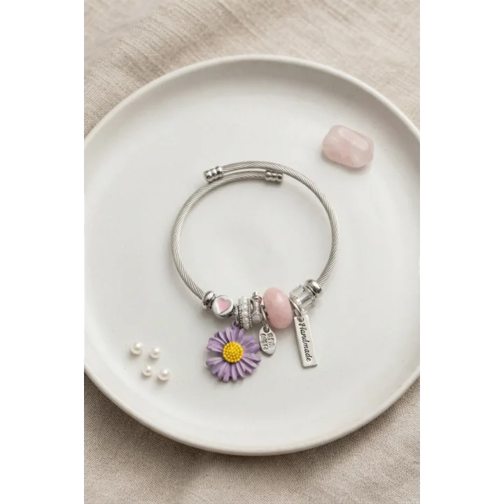 Mey İthalat® Mor Papatya Charmlı Bileklik