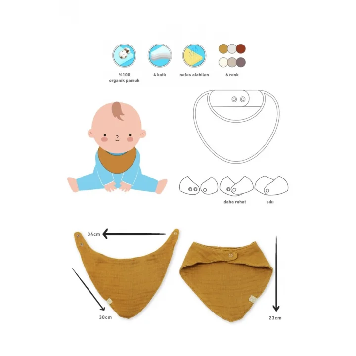 Mey İthalat®   Müslin Fular Önlük 3Lü 60102 Kiremit Bej Hardal