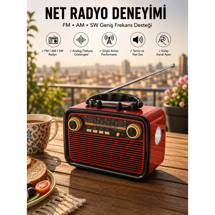 Mey İthalat® Müzik Kutusu Bluetooth Bağlantılı El Fenerli Nostaljik Tasarım Radyo