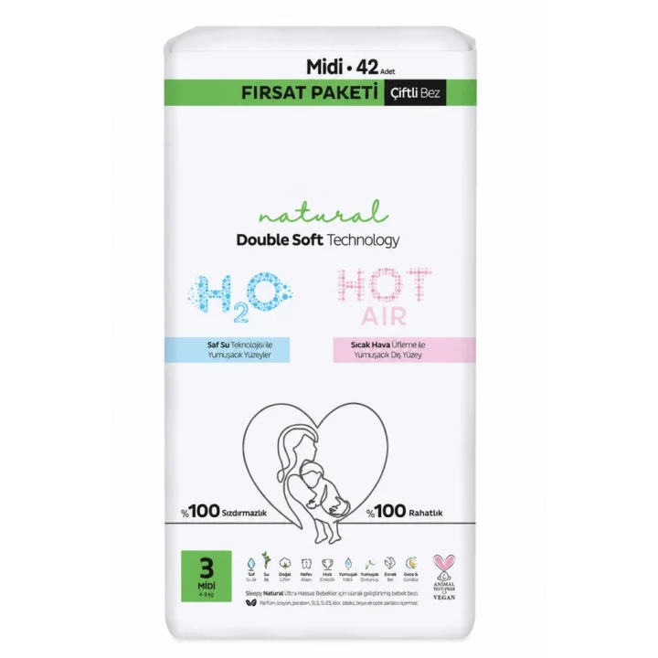 Mey İthalat® Natural Double Soft Bebek Bezi Fırsat Paketi 3 Beden 42 Adet
