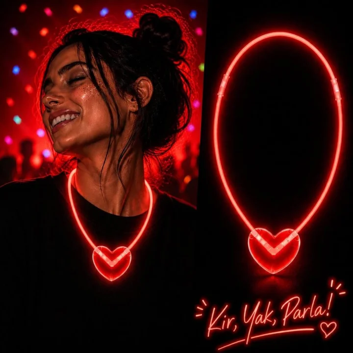 Mey İthalat® Neon Işıklı Fosforlu Kalp Parti Kolyesi Kırmızı Renk