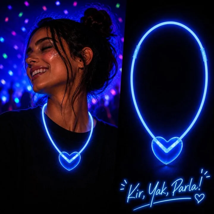 Mey İthalat® Neon Işıklı Fosforlu Kalp Parti Kolyesi Mavi Renk