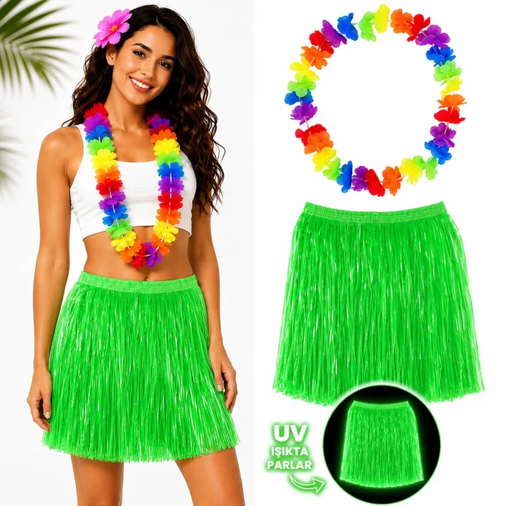 Mey İthalat® Neon Yeşil Hawaii Etek 40 cm ve Rengarenk Hawaii Kolye